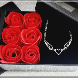 Valentýnská sada dámský náhrdelník řetízek křídla andělský náhrdelník srdce ocel srdce s mýdlovými růžemi dárkové balení valentýn