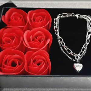 Valentýnská sada náramek dámský s gravírováním textem na přání ocel srdce s mýdlovými růžemi dárkové balení valentýn